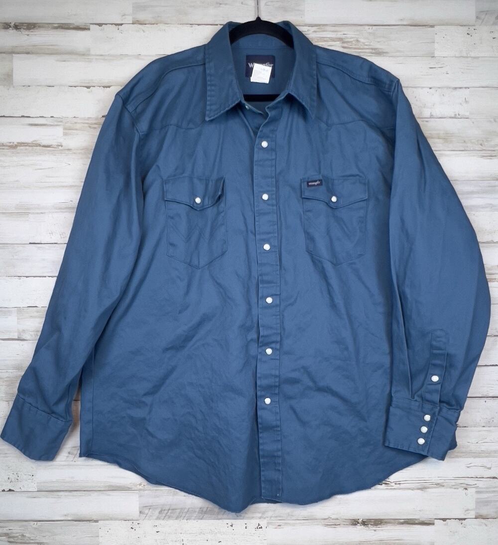 Wrangler Men’s XXL Blue Western Snap Shirt 100% Cotton Long Sleeve Workwear